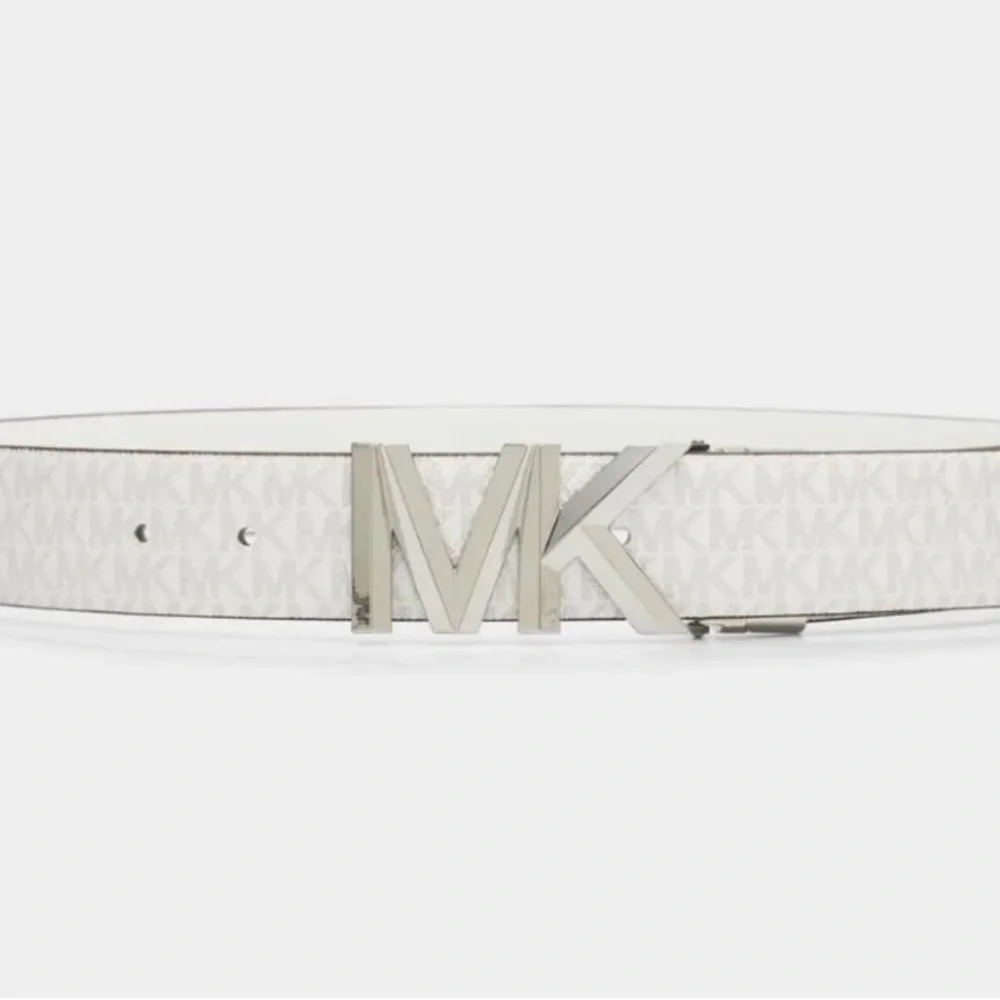 Michael Kors White MK Logo Monogram Belt with Silver Buckle - Picture 3 of 3